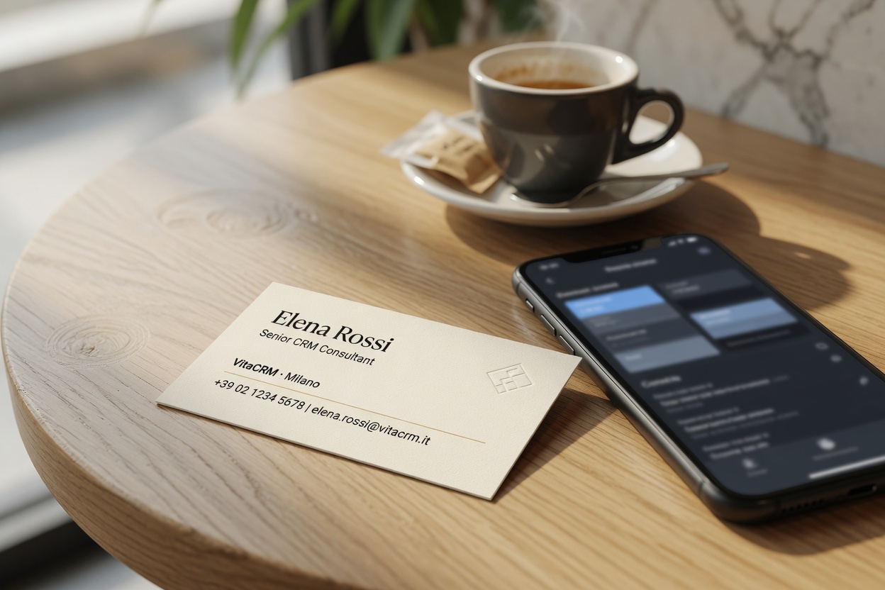 Biglietto da visita sul tavolo accanto allo smartphone